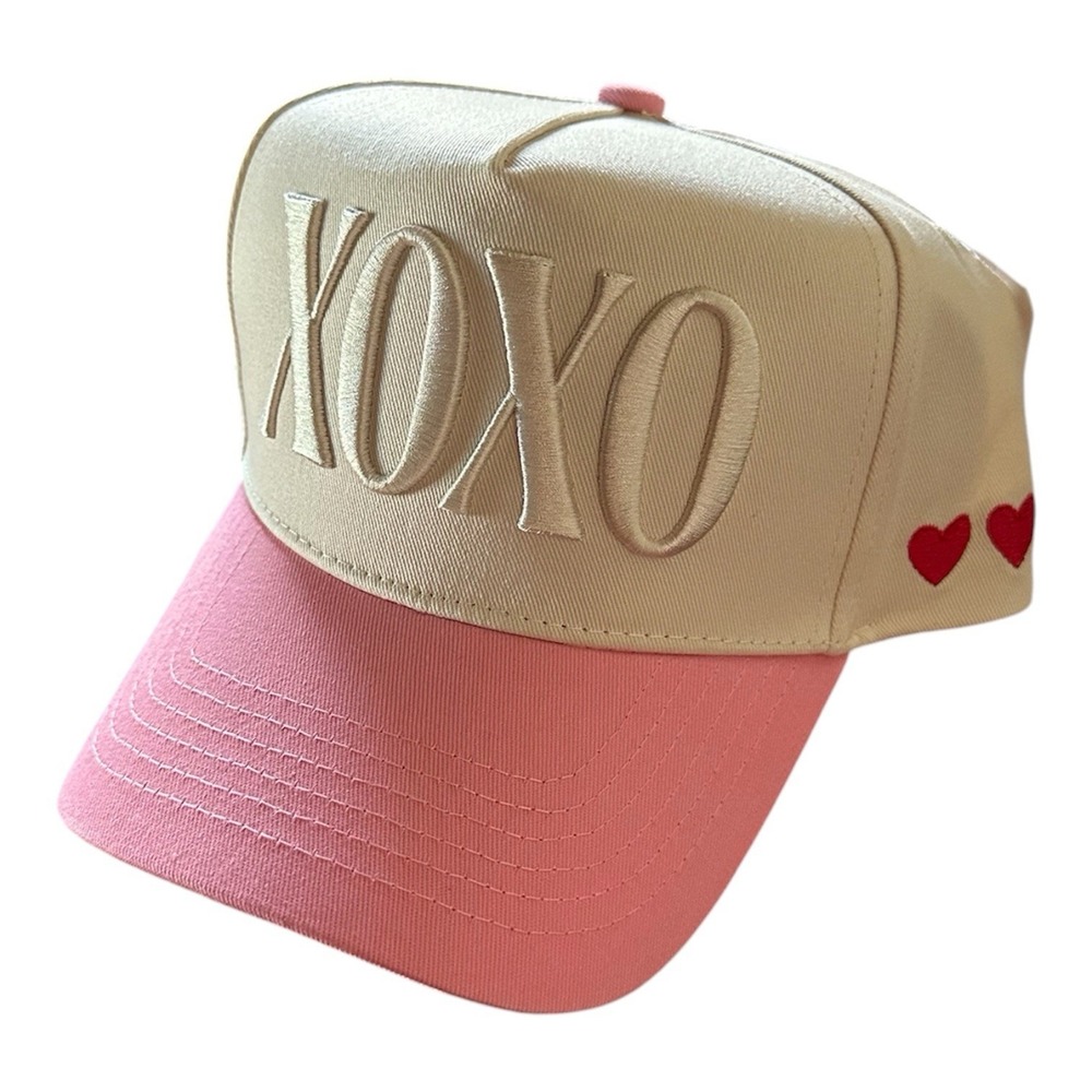 XOXO 3 Heart Trucker Snapback Baseball Hat Women's Beige Pink Red AS Revival New